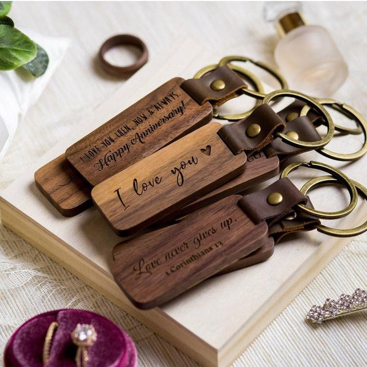 Wood & Leather Rectangular Keychain